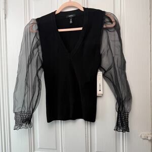 Aqua Blouse Womens XS Black Knitted Pullover Chiffon Balloon Sleeve V Neck NWT